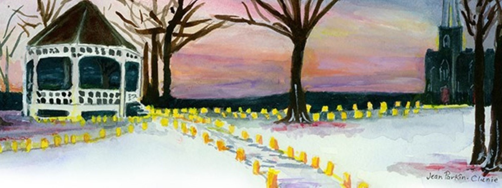 MaineGeneral Hospice Celebration of Lights: watercolor painting of the Gardiner Commons gazebo at sunset, surrounded by walkways lit with glowing luminaria