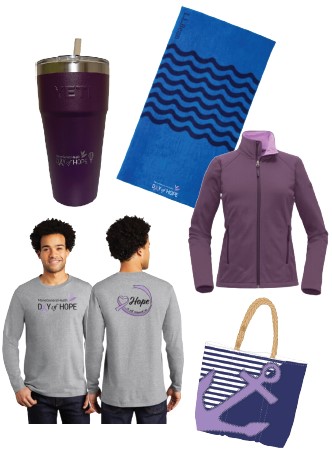 2023 Day of Hope Incentives: dark purple Yeti Rambler cup with straw, L.L. Bean embroidered beach towel, signature Day of Hope T-shirt for 2023 with the Day of Hope logo on the front and "Hope is all around us" on the back, a purple zip customized jacket, and a large Seabag with purple stripes and solid block, overlayed with a large purple anchor
